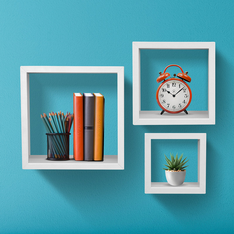 White Faux Wood Floating Cube Wall Shelves Set