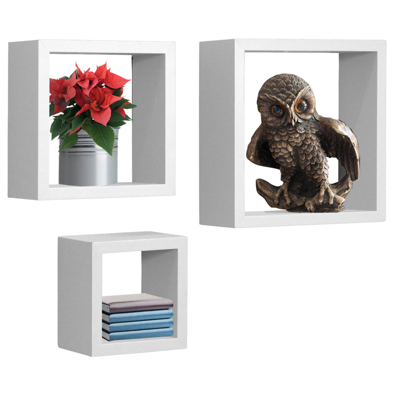 White Faux Wood Floating Cube Wall Shelves Set