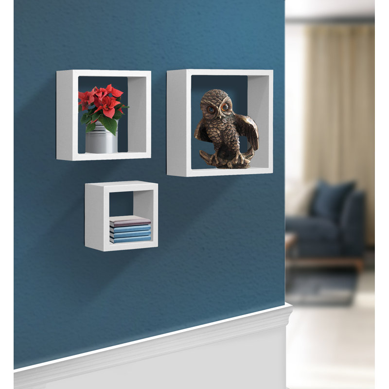 White Faux Wood Floating Cube Wall Shelves Set
