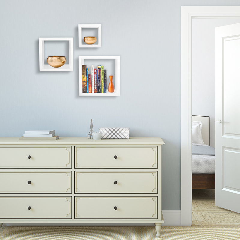 White Faux Wood Floating Cube Wall Shelves Set