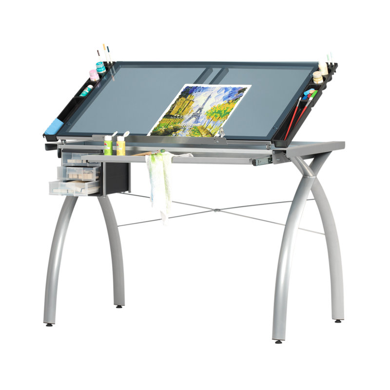 Vision 41'' Silver & Blue Glass Craft Station with Adjustable Stool