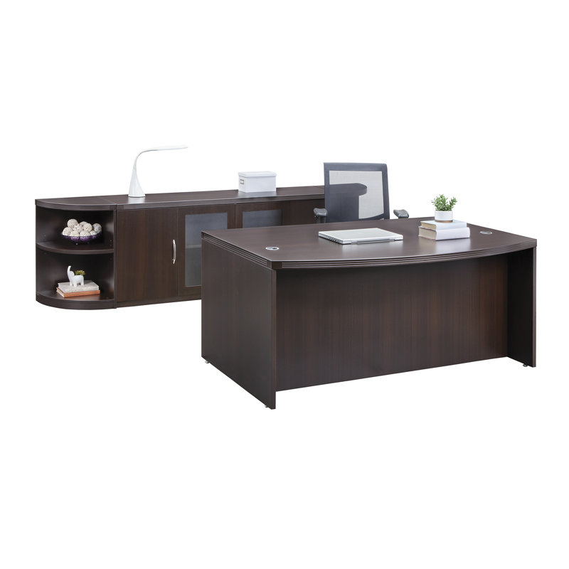 Mocha Wood Executive Desk with Drawer and Nickel Accents