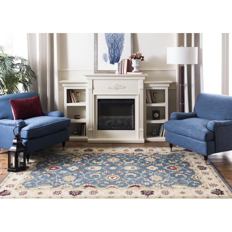 Elegant Blue and Beige Oval Wool Tufted Area Rug 7'6" x 9'6"