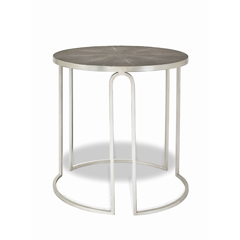 Silver Round Metal End Table with Faux Shagreen Top