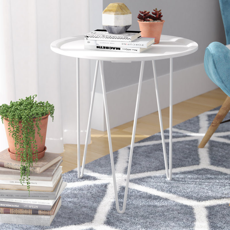 White Round Wood and Metal Hairpin Leg Side Table
