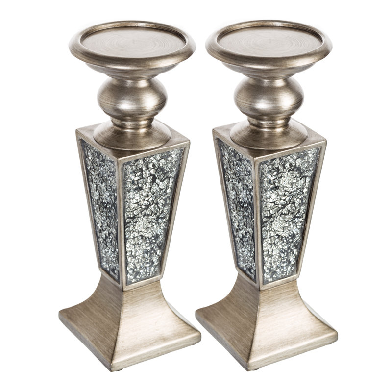Silver Crackled Mosaic Polyresin Candlestick Set