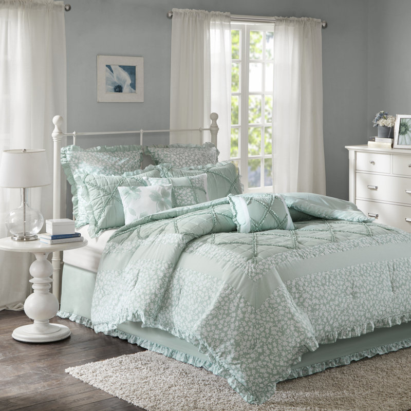 King Seafoam Green Cotton Floral Comforter Set with Ruffles