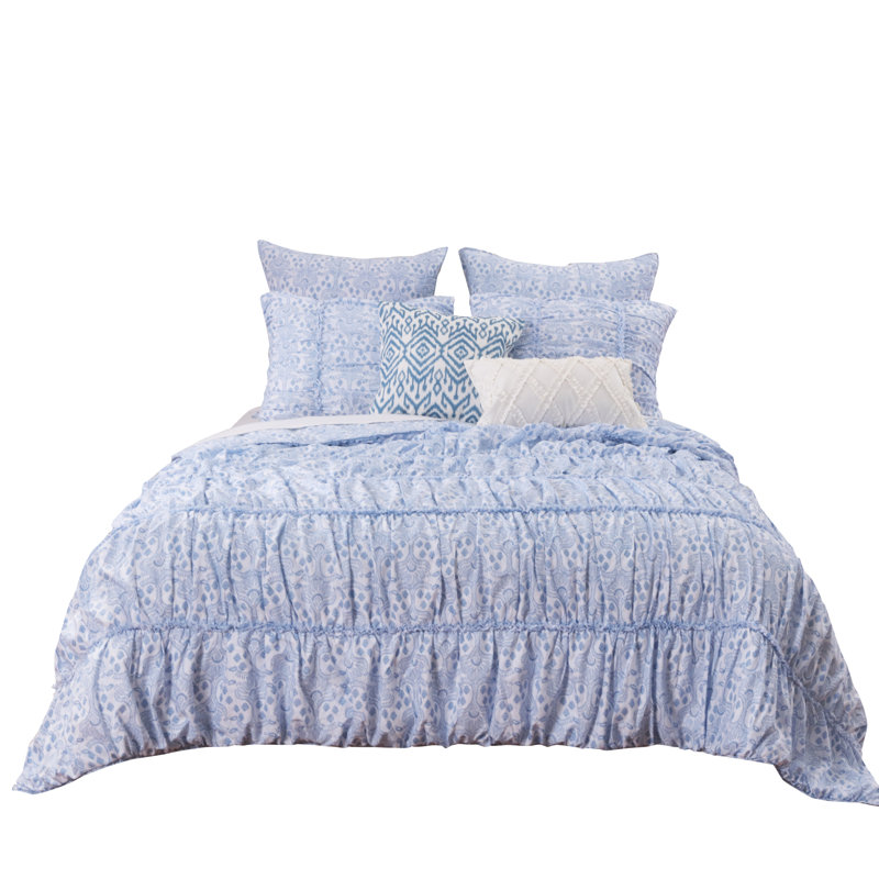 King Blue Microfiber Gathered Quilt Set