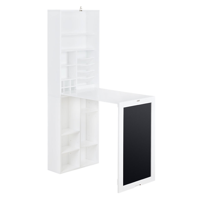 Murphy White Laminated MDF Fold-Down Wall Desk with Chalkboard and Storage