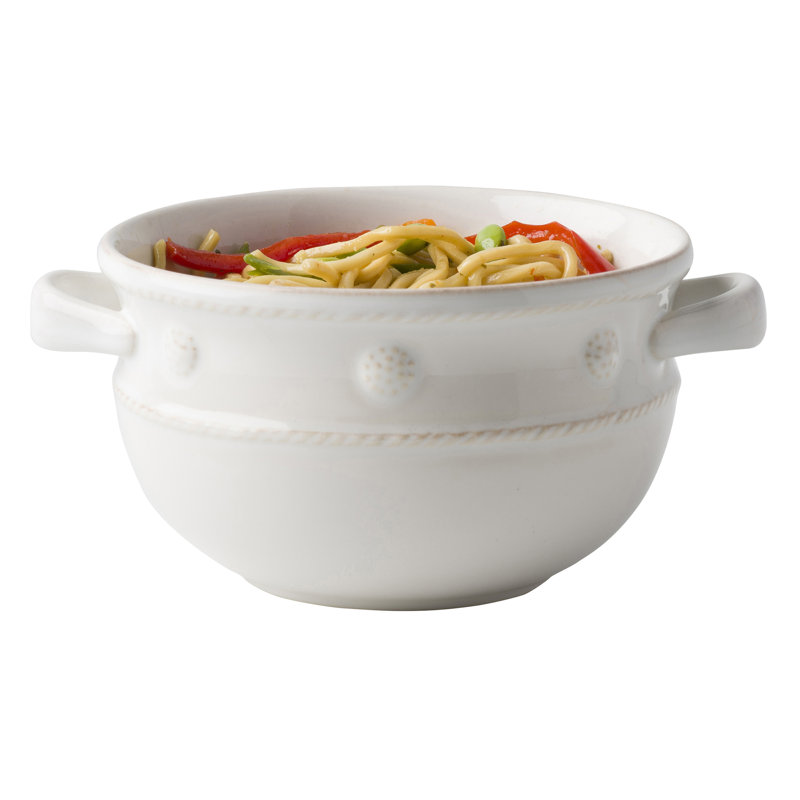 White Embossed Ceramic Handled Soup Bowl