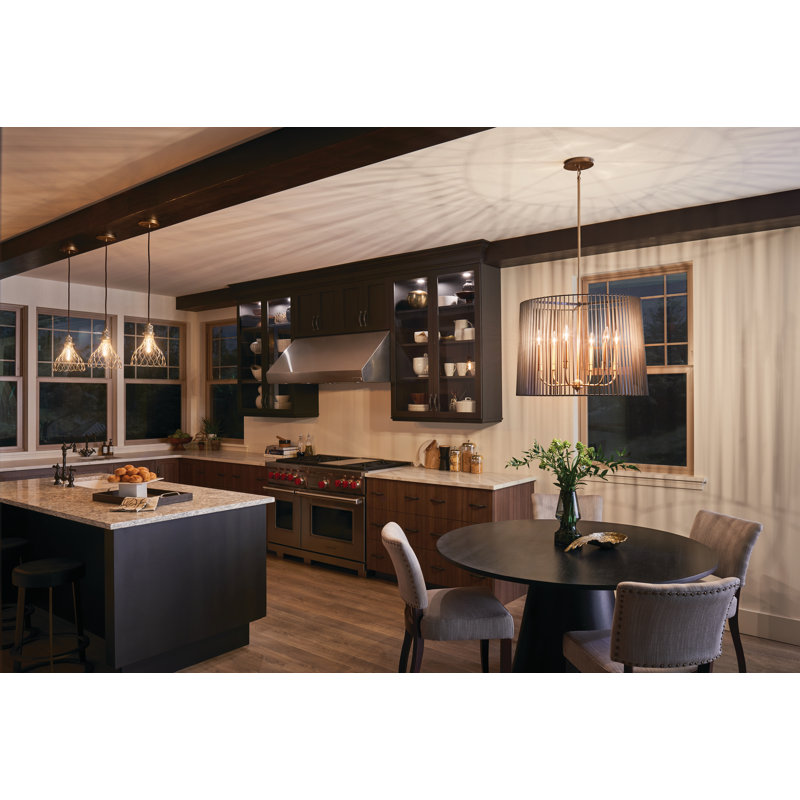 Modern Matte Black and Brass 6-Light Drum Chandelier