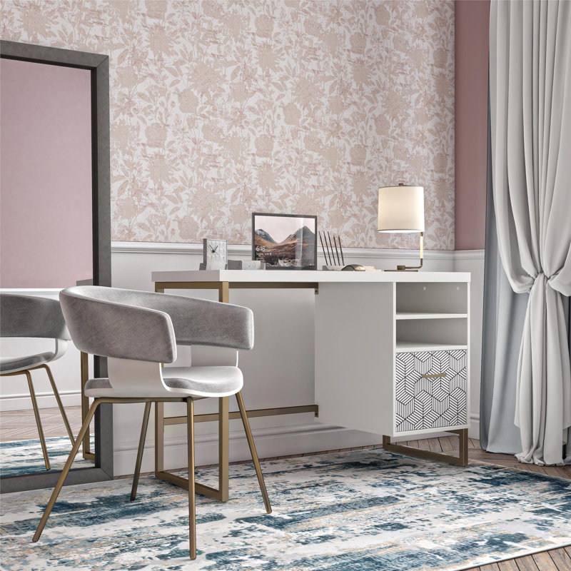 White MDF Single Pedestal Desk with Gold Legs and Drawer