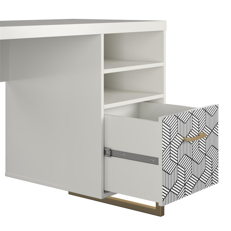 White MDF Single Pedestal Desk with Gold Legs and Drawer