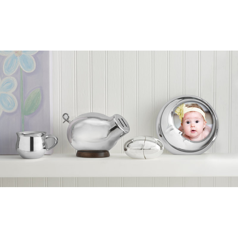 Silver Stainless Steel Piggy Bank with Acacia Wood Base