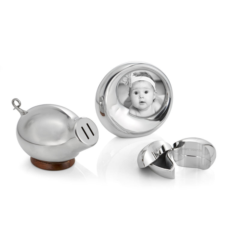 Silver Stainless Steel Piggy Bank with Acacia Wood Base