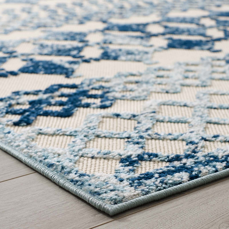 Ivory and Blue Trellis Synthetic 8' x 10' Easy-Care Area Rug