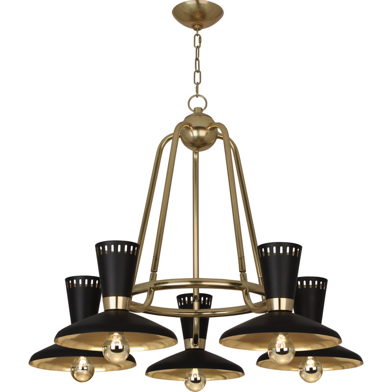 Vortex 6-Light Modern Brass Chandelier with Matte Black Shades