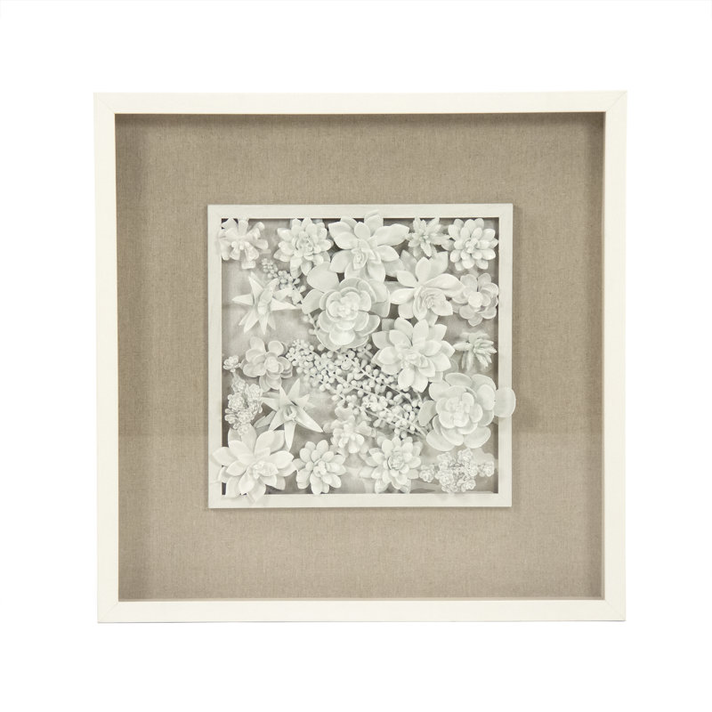 White Ceramic Succulent Botanical Wall Art in Shadow Box Frame