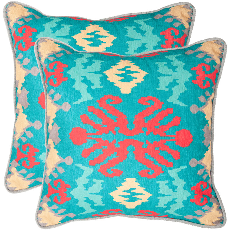 Aqua and Red Ikat Square Throw Pillow Set