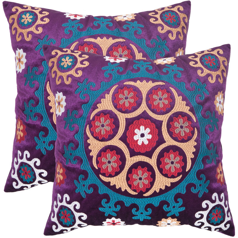 Gold and Purple Embroidered Linen Cotton Square Pillow Set
