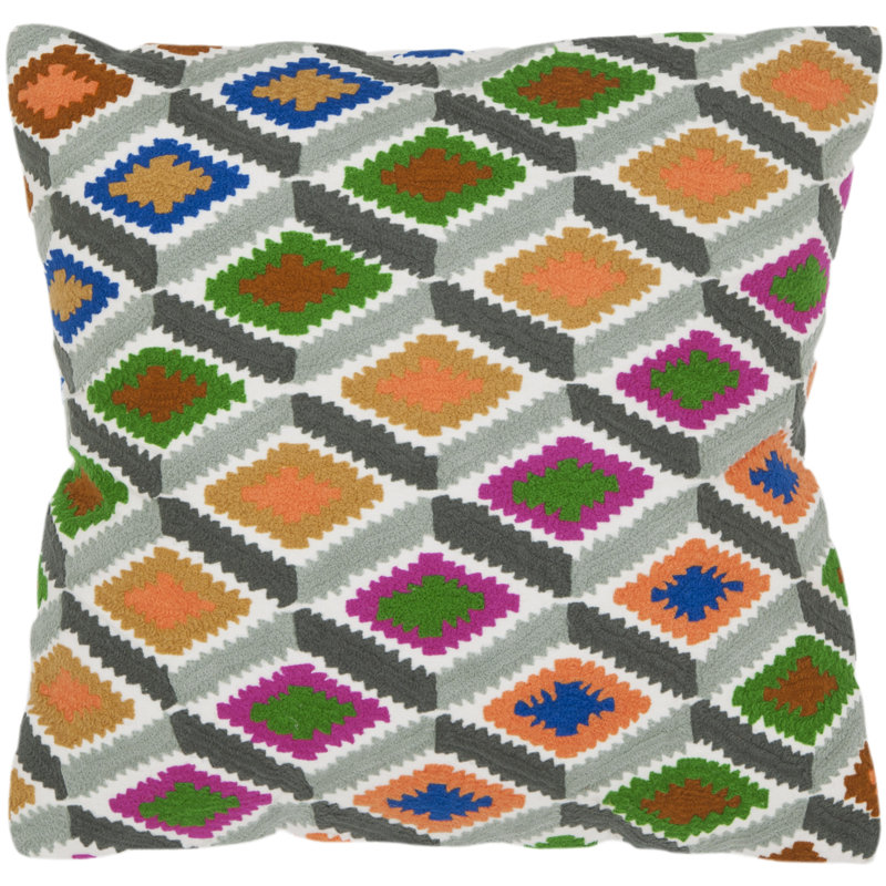 Multicolor Geometric Embroidered Cotton Square Throw Pillows, Set of 2