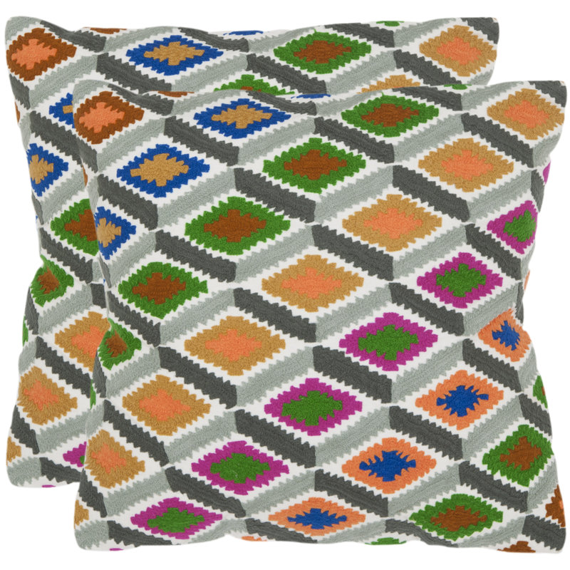 Multicolor Geometric Embroidered Cotton Square Throw Pillows, Set of 2