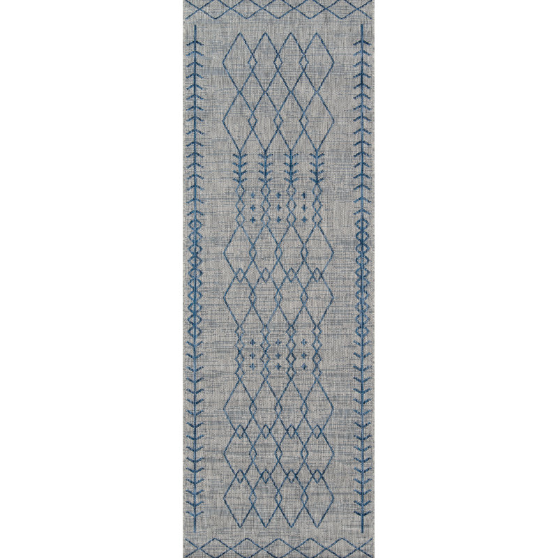 Gray and Blue Geometric Synthetic Runner Rug