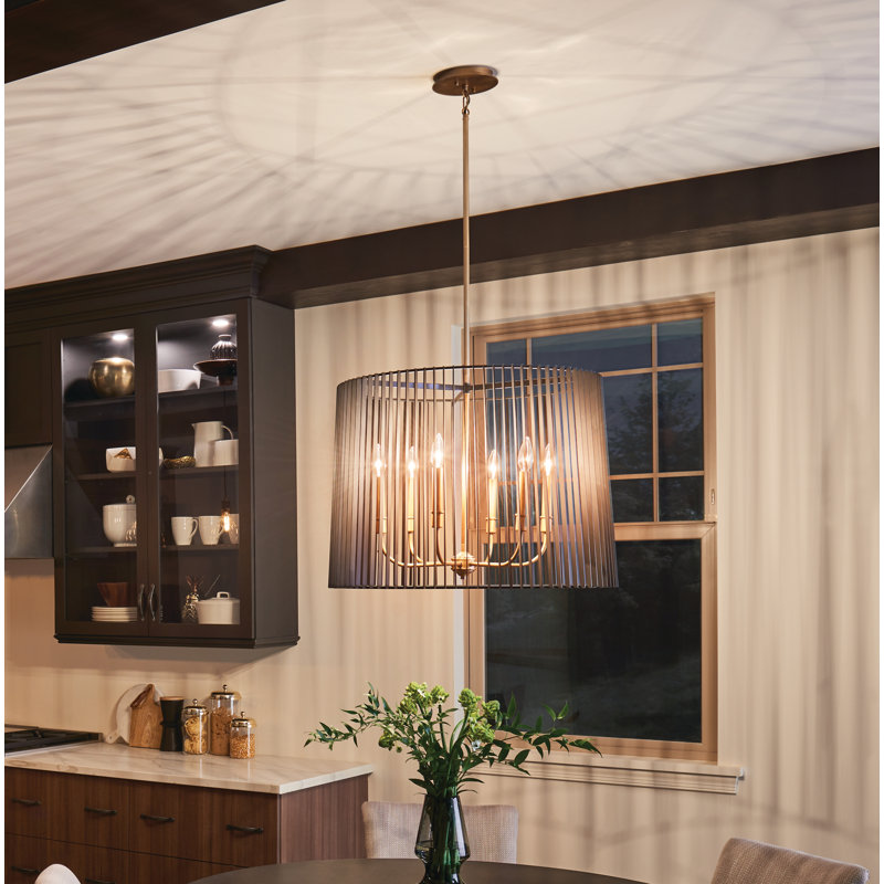 Modern Matte Black and Brass 6-Light Drum Chandelier