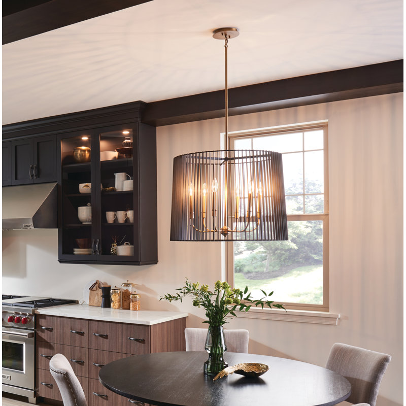 Modern Matte Black and Brass 6-Light Drum Chandelier