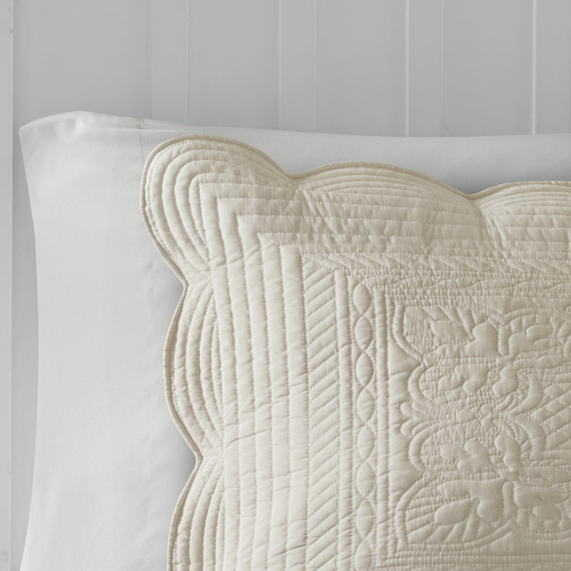 Beige King Microfiber Reversible Quilt Set with Scalloped Edges