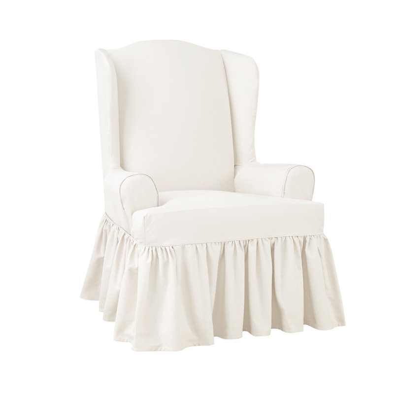 Classic White Cotton Twill T-Cushion Wingback Chair Slipcover
