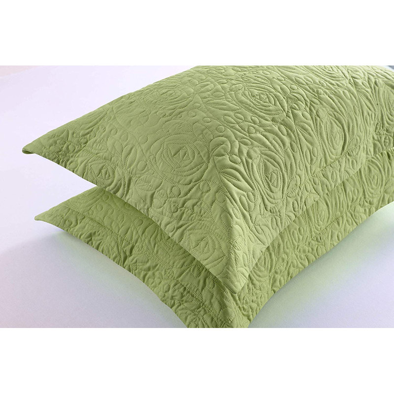 Green Embroidered Cotton Polyester King Pillow Shams