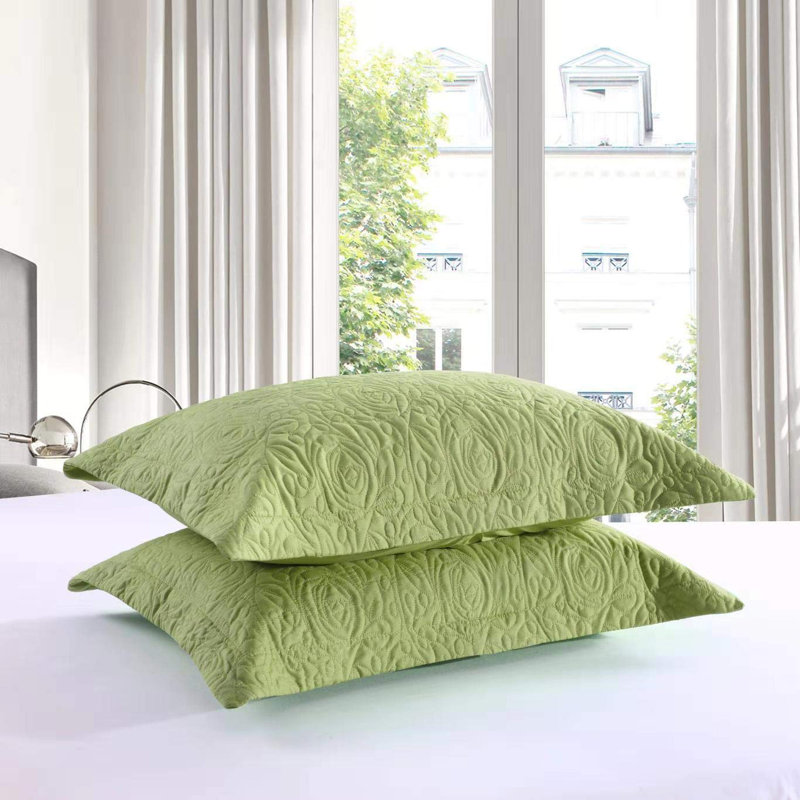 Green Embroidered Cotton Polyester King Pillow Shams