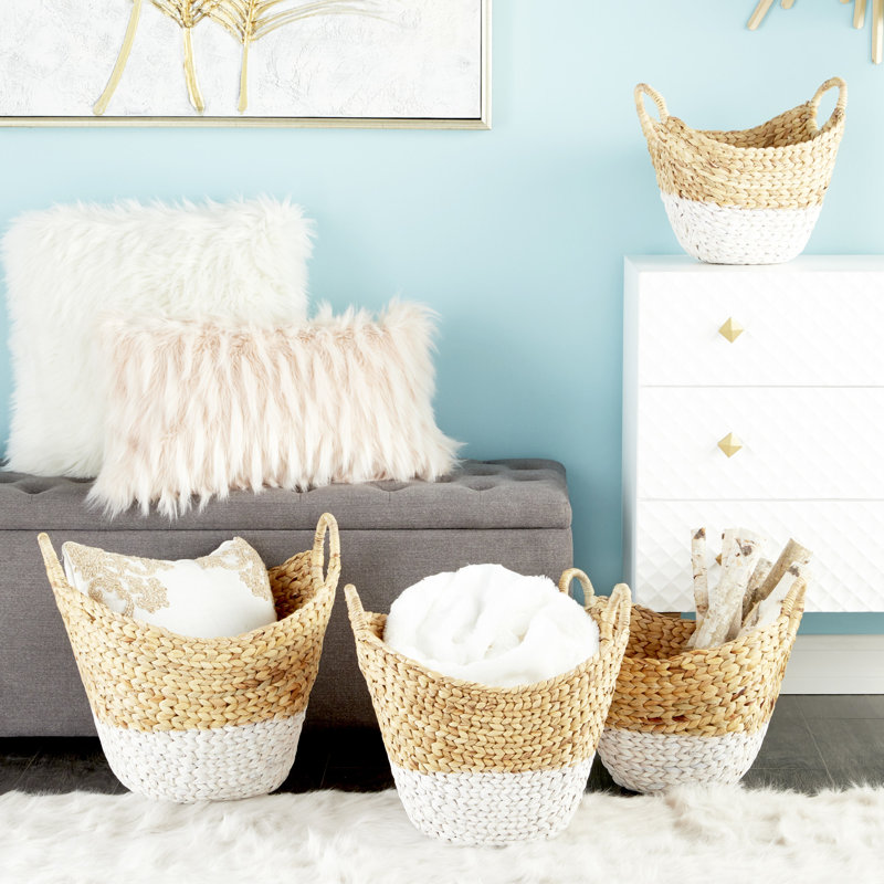 Brown and White Seagrass Oval Storage Basket Set