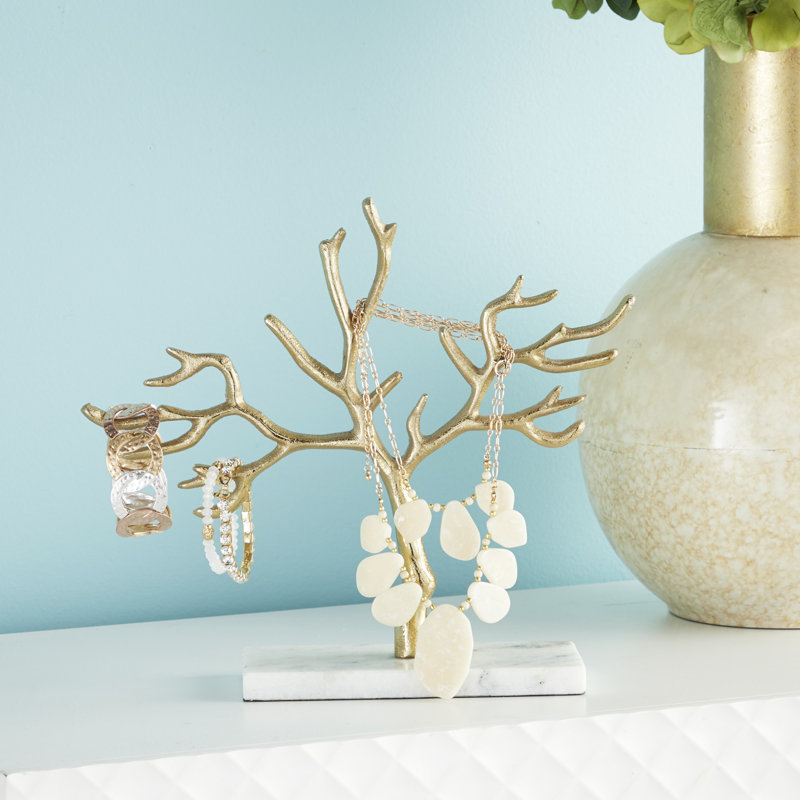 Contemporary Gold Aluminum Jewelry Tree with Marble Base