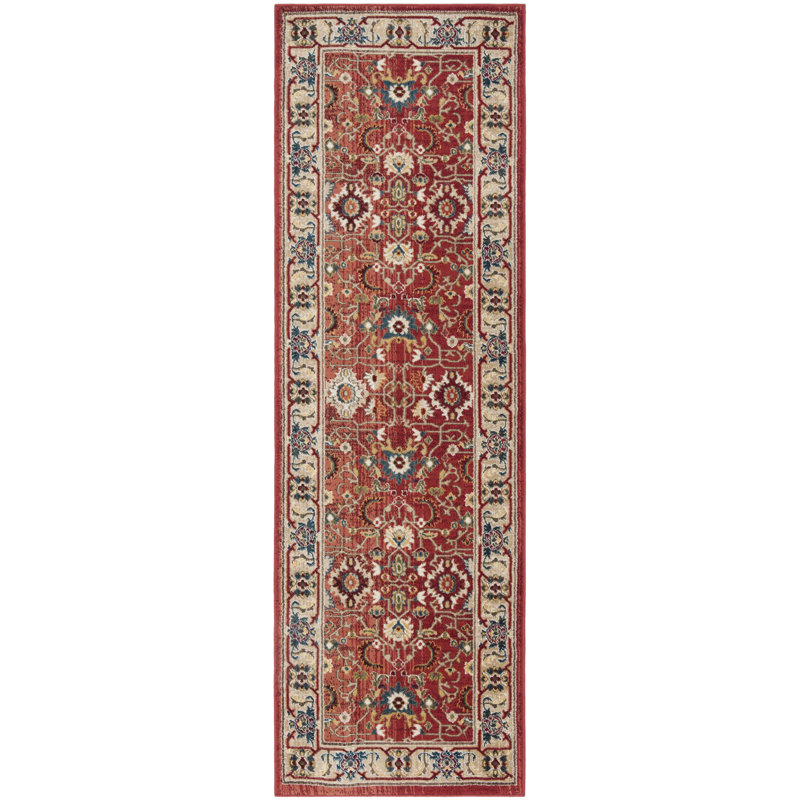 Ines Red and Beige Hand-knotted Synthetic Runner Rug