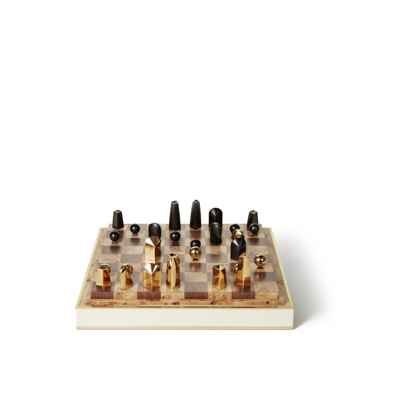 Cream Shagreen and Brass Square Chess Set