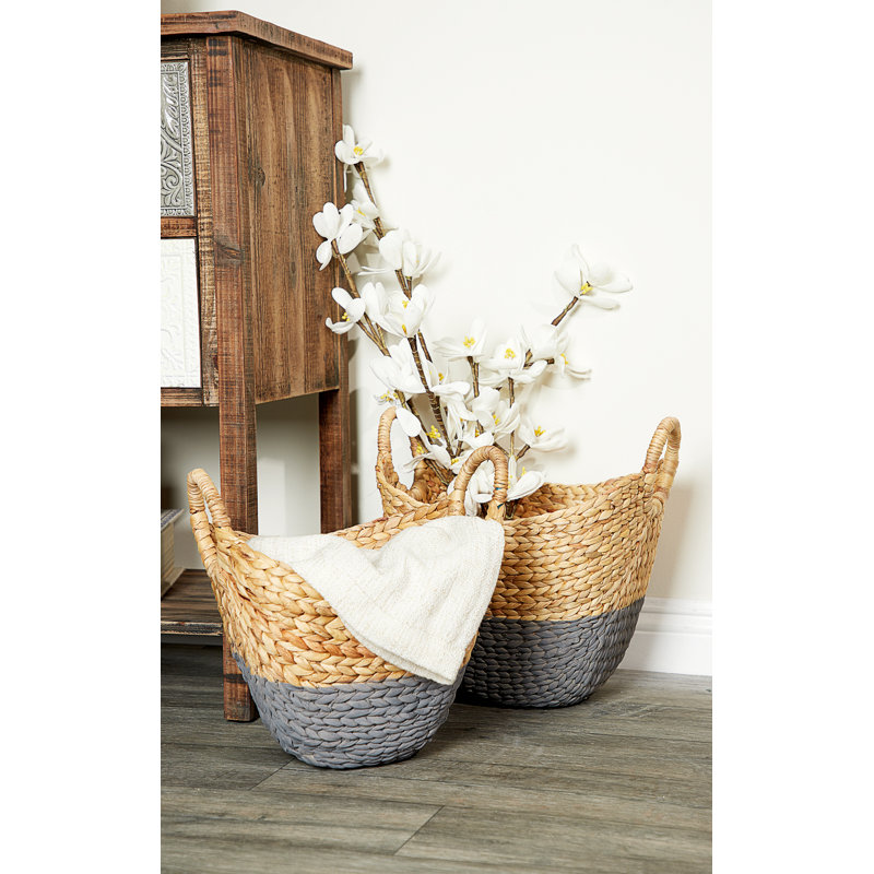 Brown and White Seagrass Oval Storage Basket Set