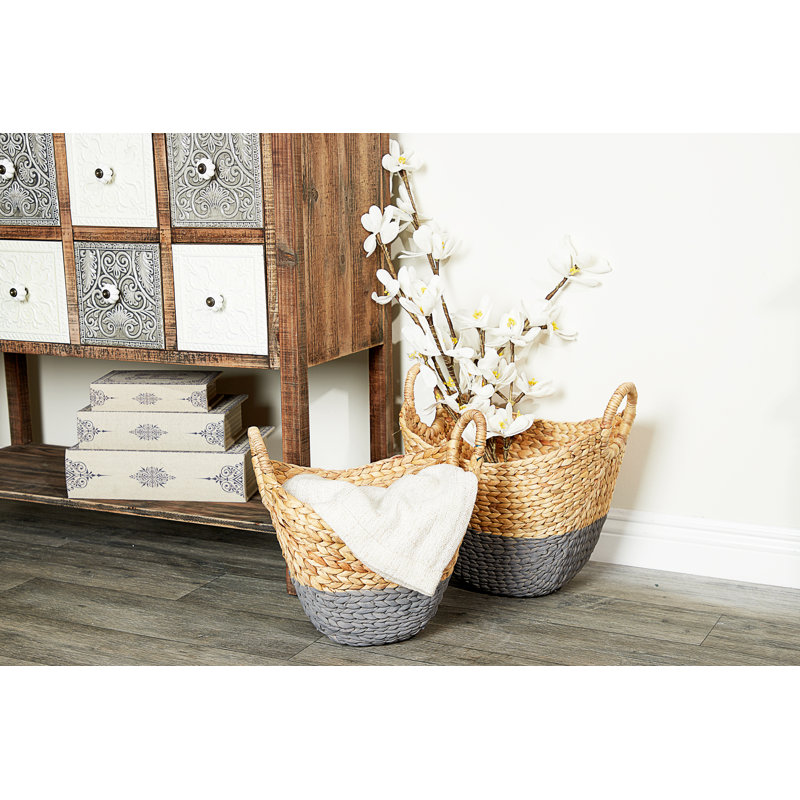 Brown and White Seagrass Oval Storage Basket Set