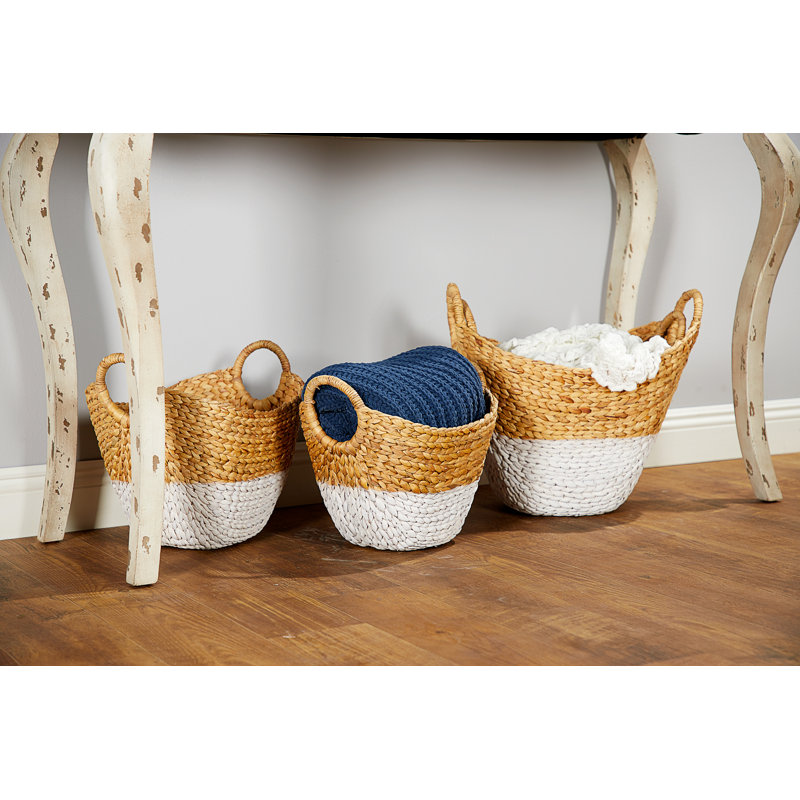 Brown and White Seagrass Oval Storage Basket Set