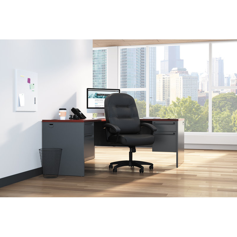 High-Back Executive Swivel Chair with Fixed Arms in Black Leather