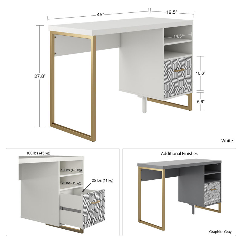 White MDF Single Pedestal Desk with Gold Legs and Drawer