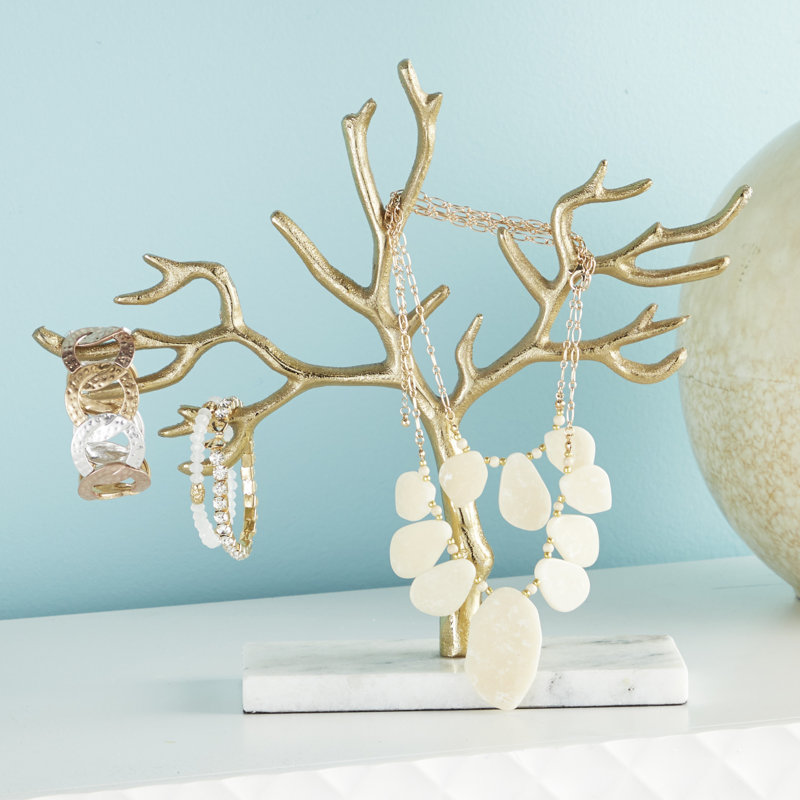Contemporary Gold Aluminum Jewelry Tree with Marble Base
