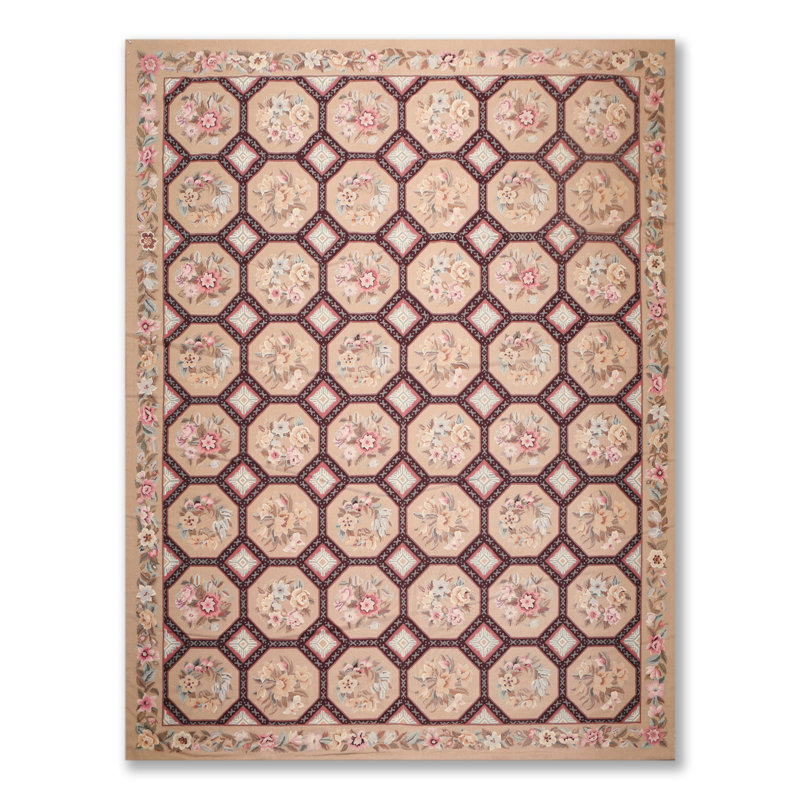 Ivory and Multi-Color 9' x 12' Handwoven Wool Oriental Rug