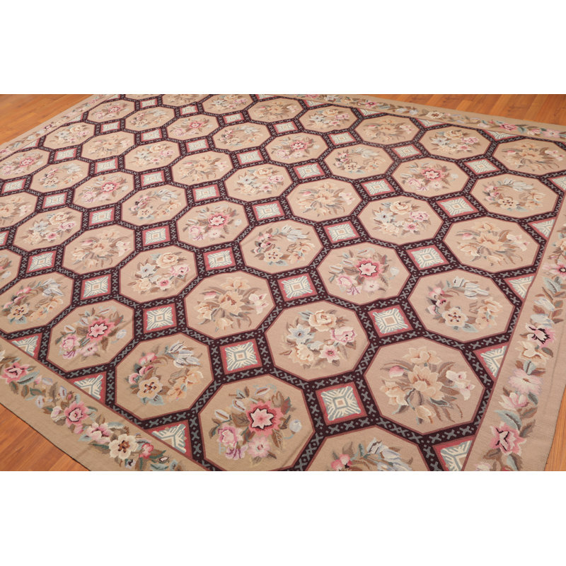 Ivory and Multi-Color 9' x 12' Handwoven Wool Oriental Rug