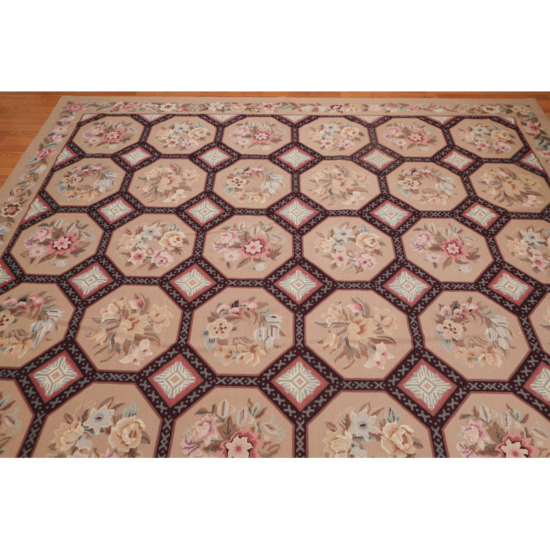 Ivory and Multi-Color 9' x 12' Handwoven Wool Oriental Rug