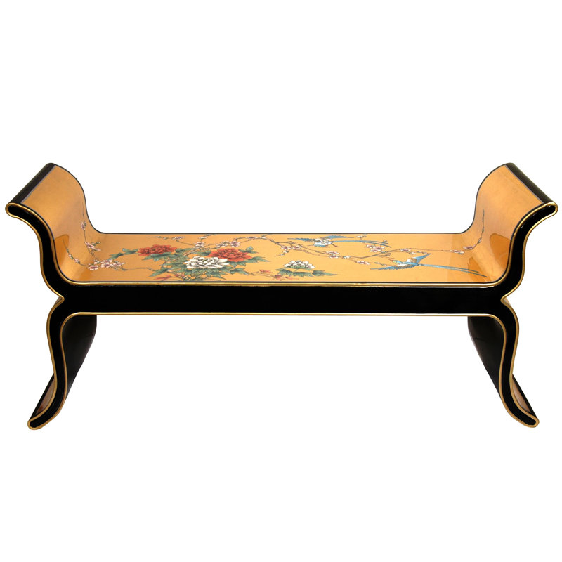 Oriental Gold Leaf Hand-Painted Birds & Flowers Solid Wood Bench