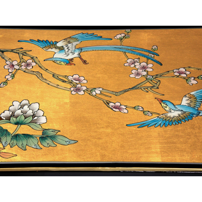 Oriental Gold Leaf Hand-Painted Birds & Flowers Solid Wood Bench