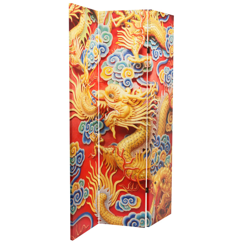 6 ft Red and Gold Chinese Dragon Folding Room Divider