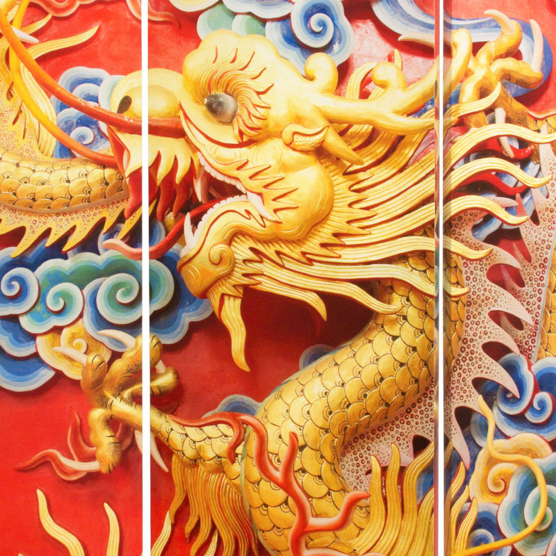 6 ft Red and Gold Chinese Dragon Folding Room Divider